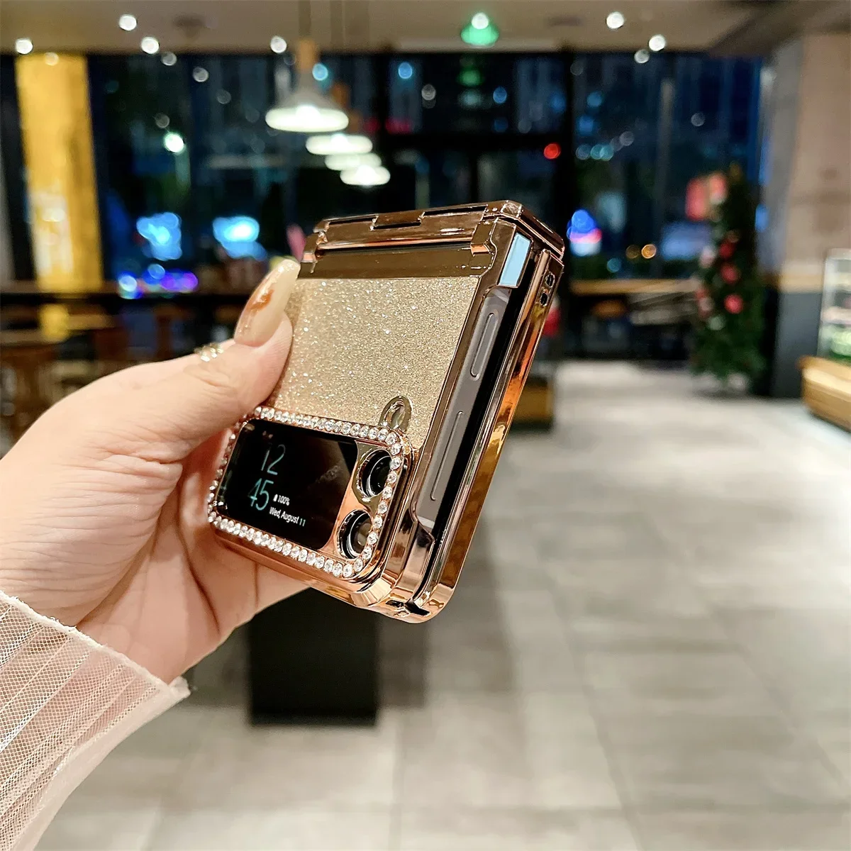 Rhinestone Glitter Pu Leather Trim Phone Case For Samsung Galaxy Z Flip 6 5 4 3 5G Hinge Electroplated Plastic Back Cover