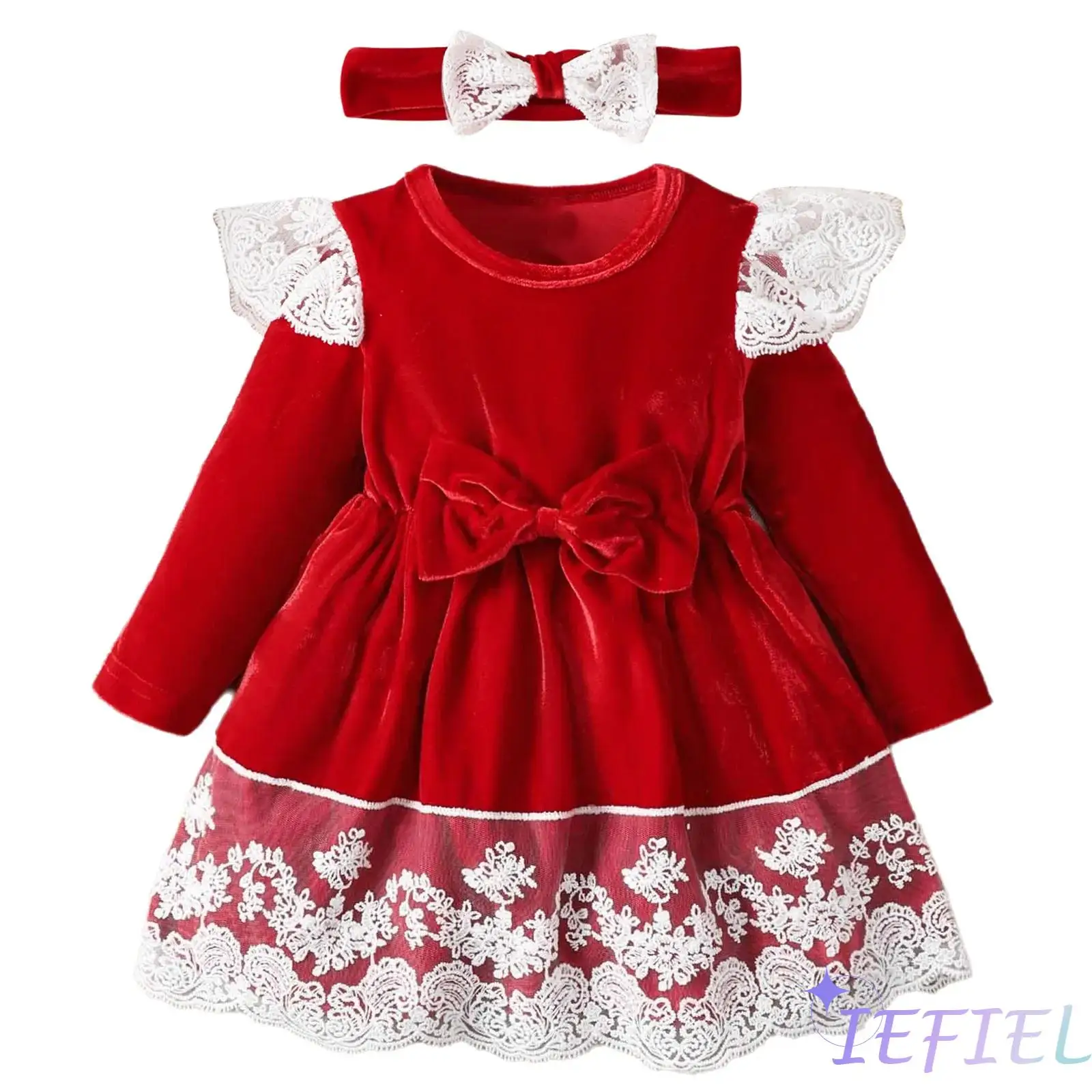 

Toddler Baby Girls Christmas Birthday Party Wedding Dresses Lace Ruffles Long Sleeves Bowknot Velvet Tutu Dress with Headwear