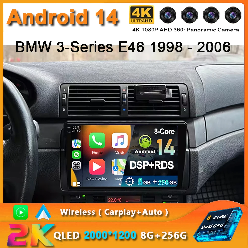 For BMW 3-Series E46 M3 318/320/325/330/335 2K QLED Android 14 Car Radio Multimedia Video Player GPS AI Voice CarPlay 4G