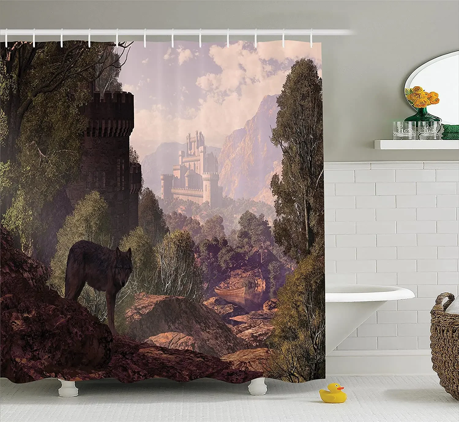 Woodland Shower Curtain A Wolf Coming Out of The Woods with A Gothic Castle Lake Boat Off in The Distance Bathroom Curtains