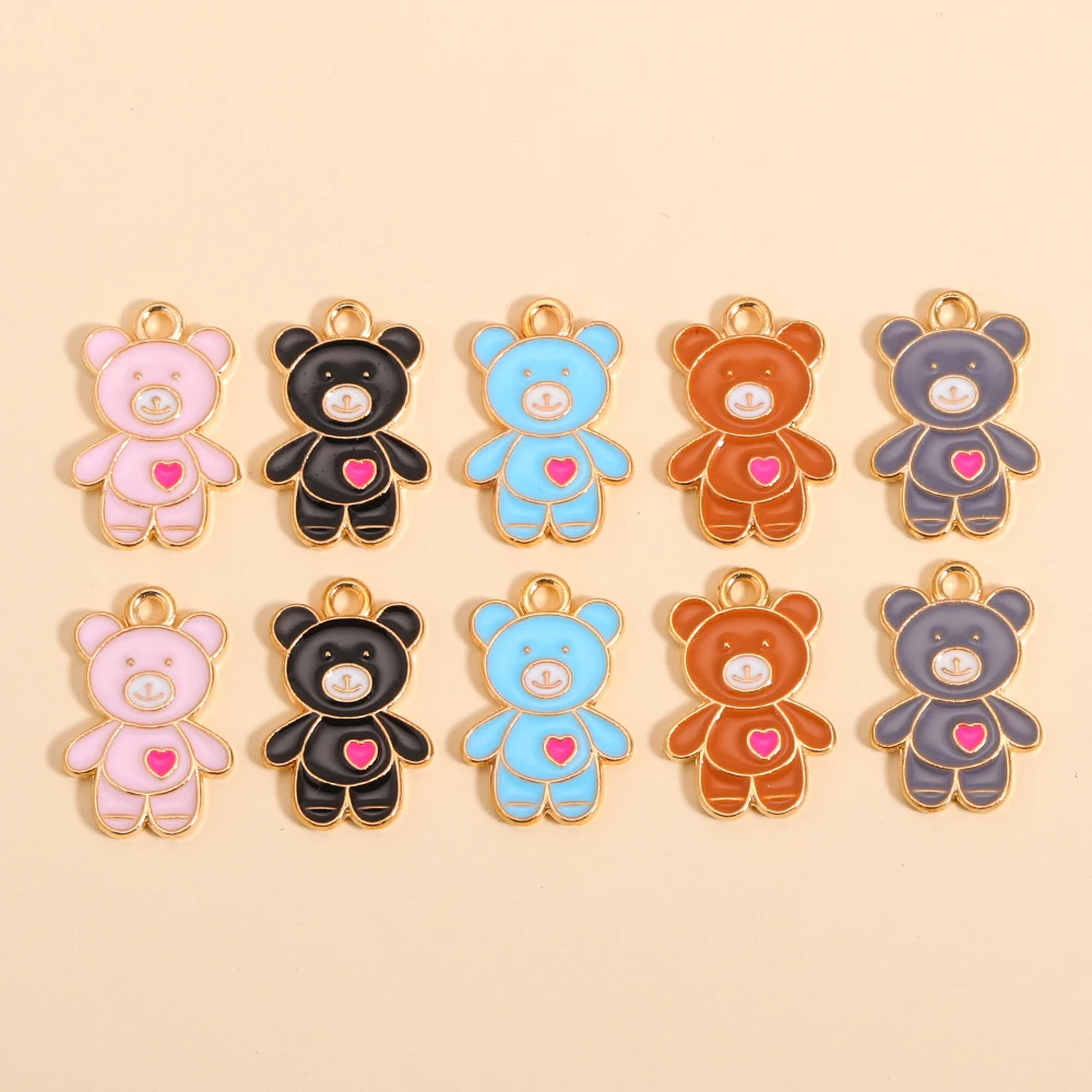 10Pcs Fashion Colorful Little Bear Enamel Charms Cute Animal Pendants For Making Handmade DIY Jewelry Accessories Alloy Gold Pla