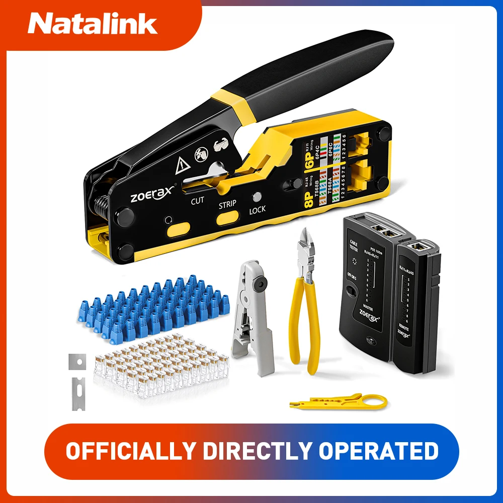 Natalink 8-in-1 RJ45 Crimp Tool Kit with Pass Through Crimper/Cable Tester/Stripper 50PCS Cat6 Connectors Boot for Network Cable