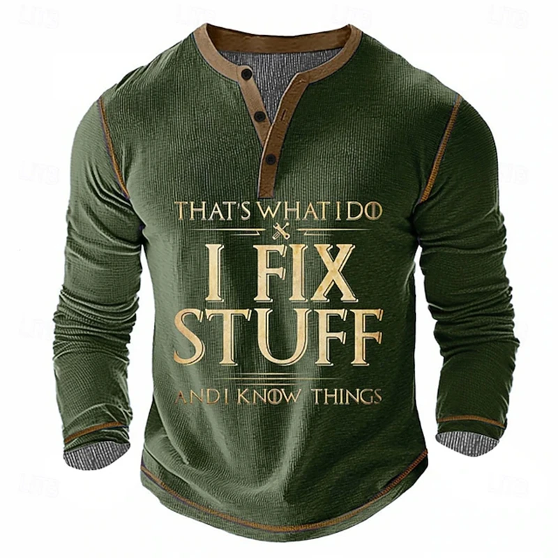 New Fall Men's Casual Henley T-Shirt Fun Lettering And Slogan Print Long-Sleeve Everyday Button-Down Waffle-Weave Top