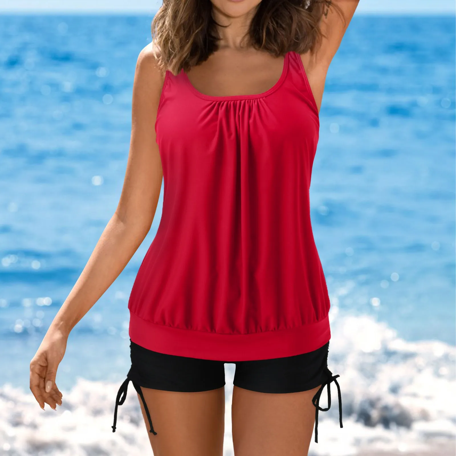 Conjunto de Tankini de Color liso para Mujer, traje de baño de dos piezas, con realce, holgado, para playa y verano