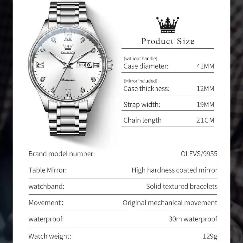 OLEVS Classic Automatic Watch for Men Dual Calendar Simple Diamond Dial Stainless steel Luminous Waterproof Mechanical Watch