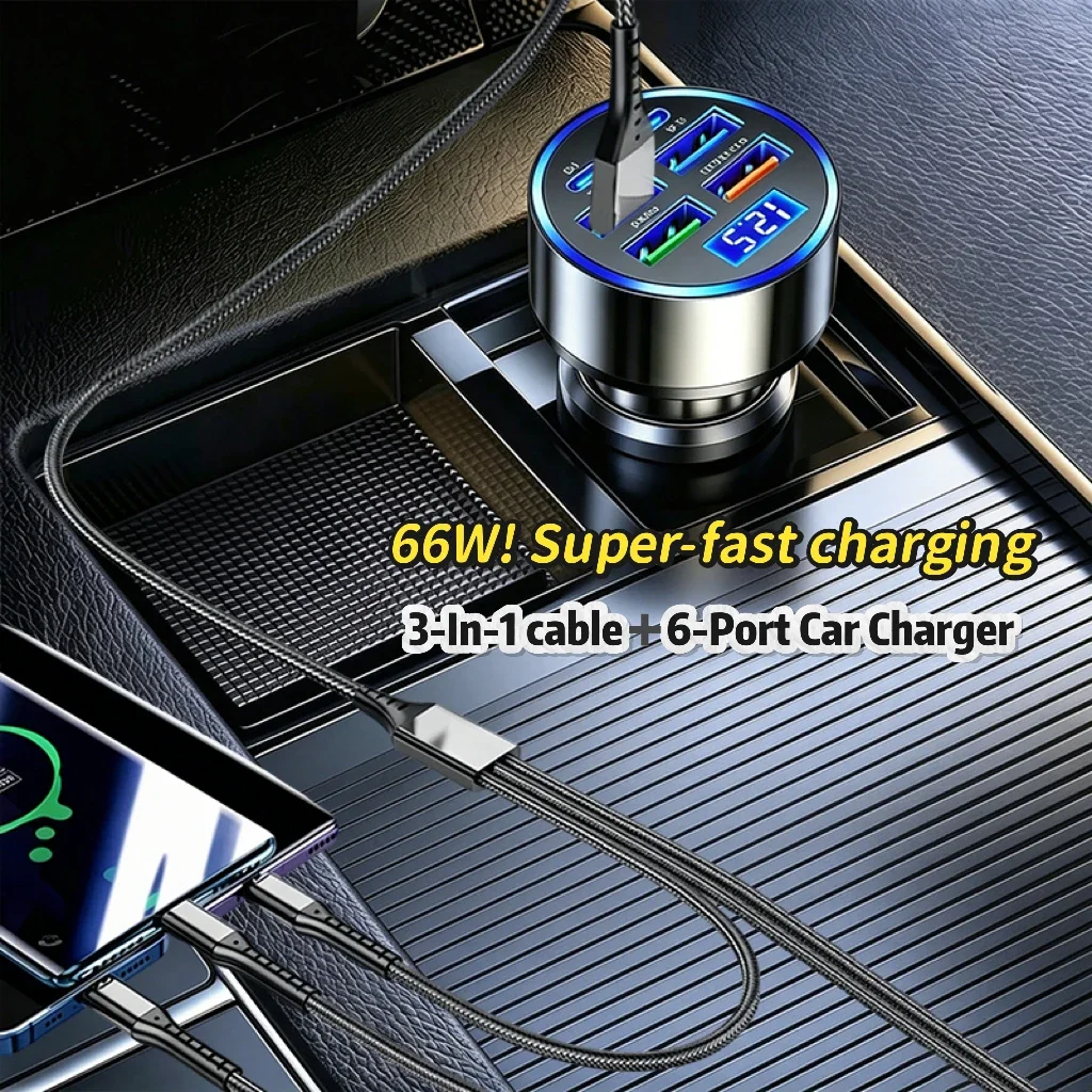 6-Port Car Charger 66W Fast Charging USB Car Adapter with LED Voltage Display Cigarette Lighter Charger for iPhone Samsung