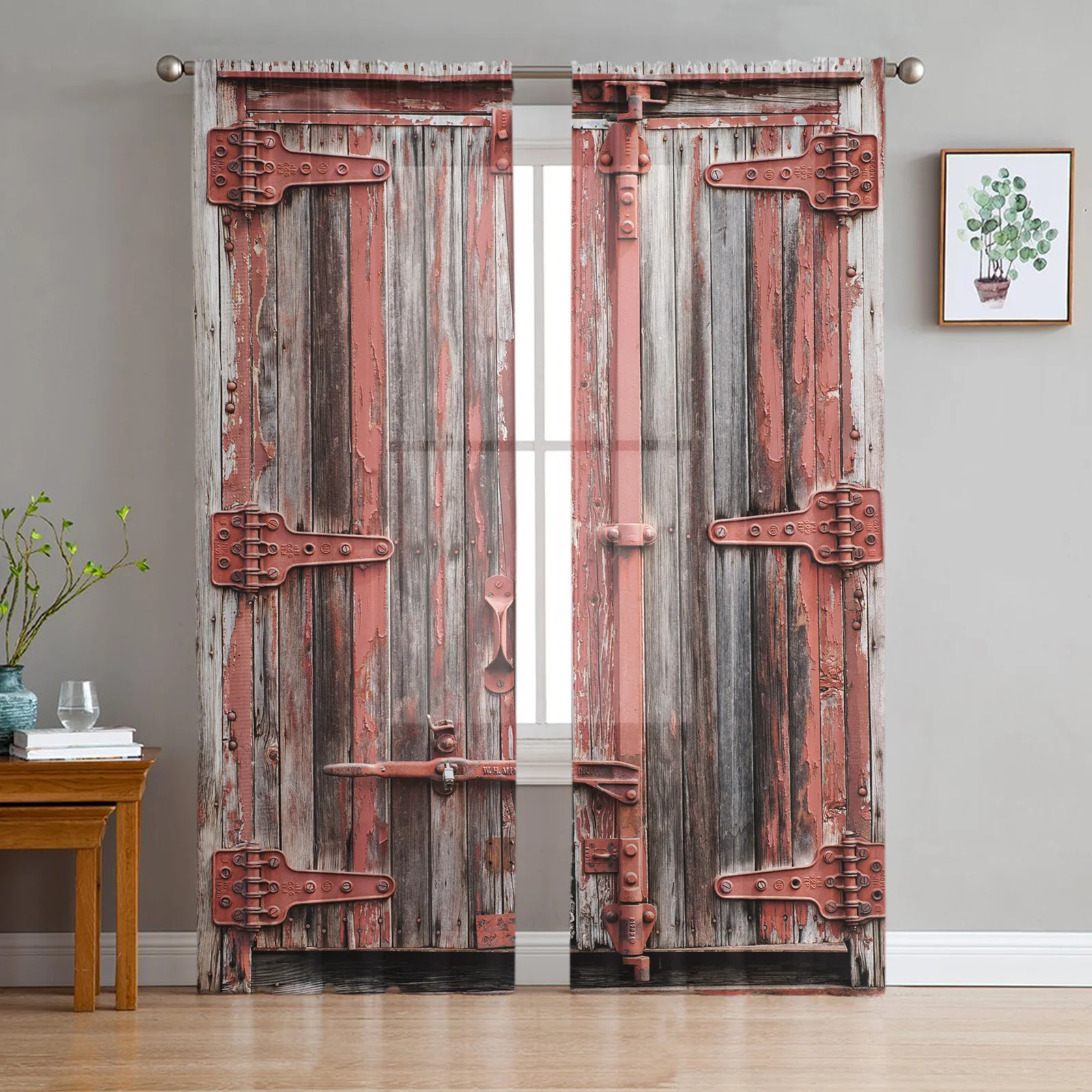 

Wooden Door Paint Retro Sheer Curtains for Bedroom Living Room Decoration Window Curtain for Kitchen Tulle Voile Organza Drapes