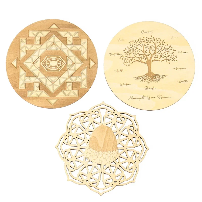 10-12cm Wooden Chakra Board Lotus Flower Tree of Life Universe Witchcraft Stone Stand Crystal Meditation Healing Sri Yantra Yoga