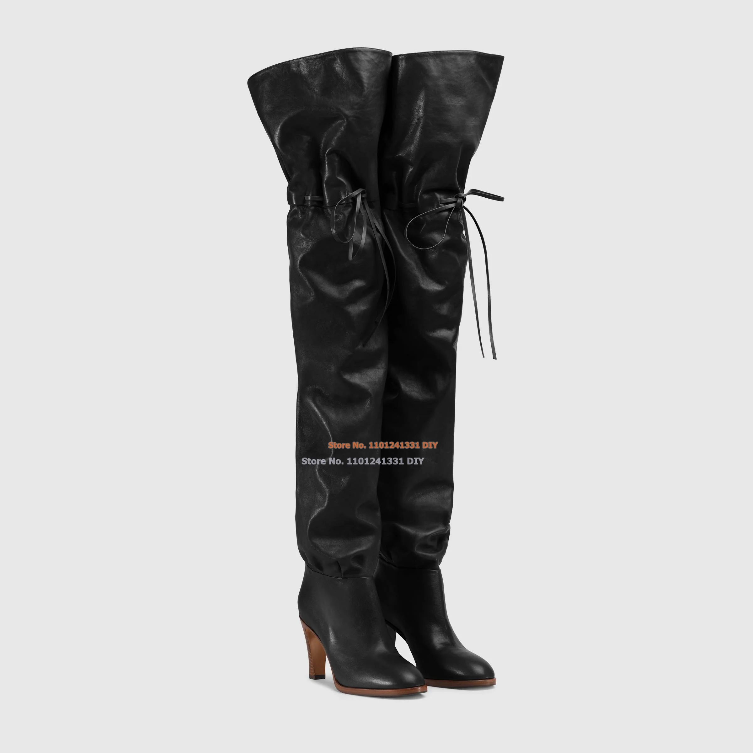 

Black leather Gathered Over The Knee Boots Women Pointed Toe Lace Up Thigh High Boots Pocket Long Bota