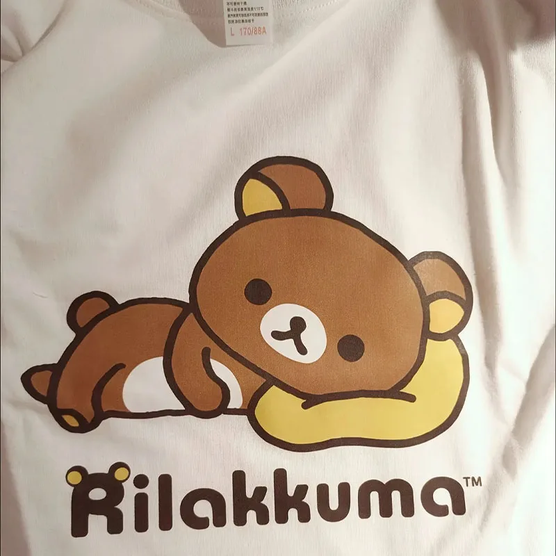 2024 Kawaii Cute Rilakkuma T-Shirt Cartoon Printed White Round Neck Short Sleeve Women\'s Top New Fashion Gifts for Girlfriend