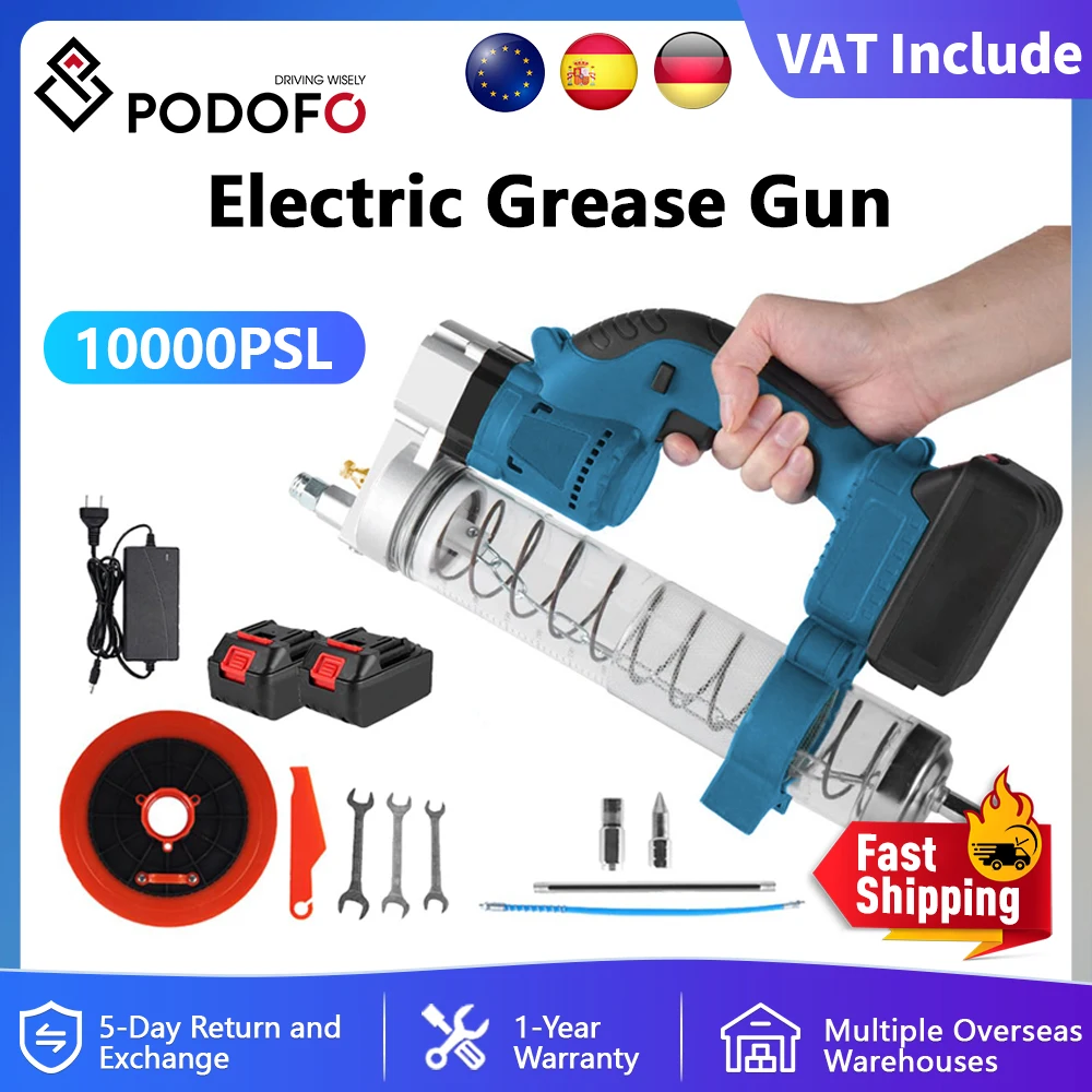 Podofo 960W puissance pistolet à graisse électrique sans brosse 10000PSL outil d'huile lubrifiante de voiture antidéflagrant sans fil avec 2 pièces batterie