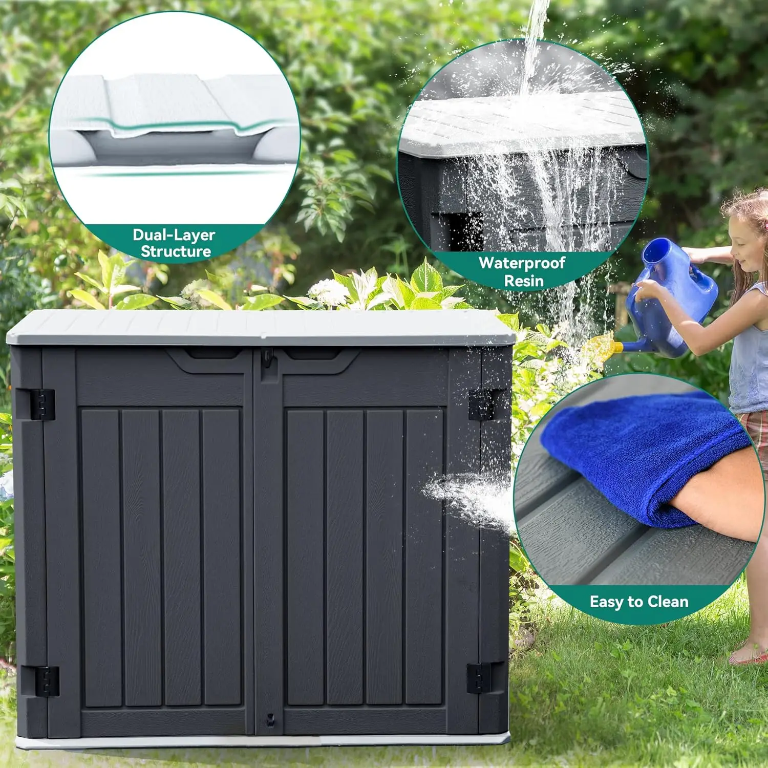 سلال تخزين أفقية خارجية مع رف، سقيفة أدوات راتينج مقاومة للطقس، باب متعدد الفتح لتخزين الدراجة