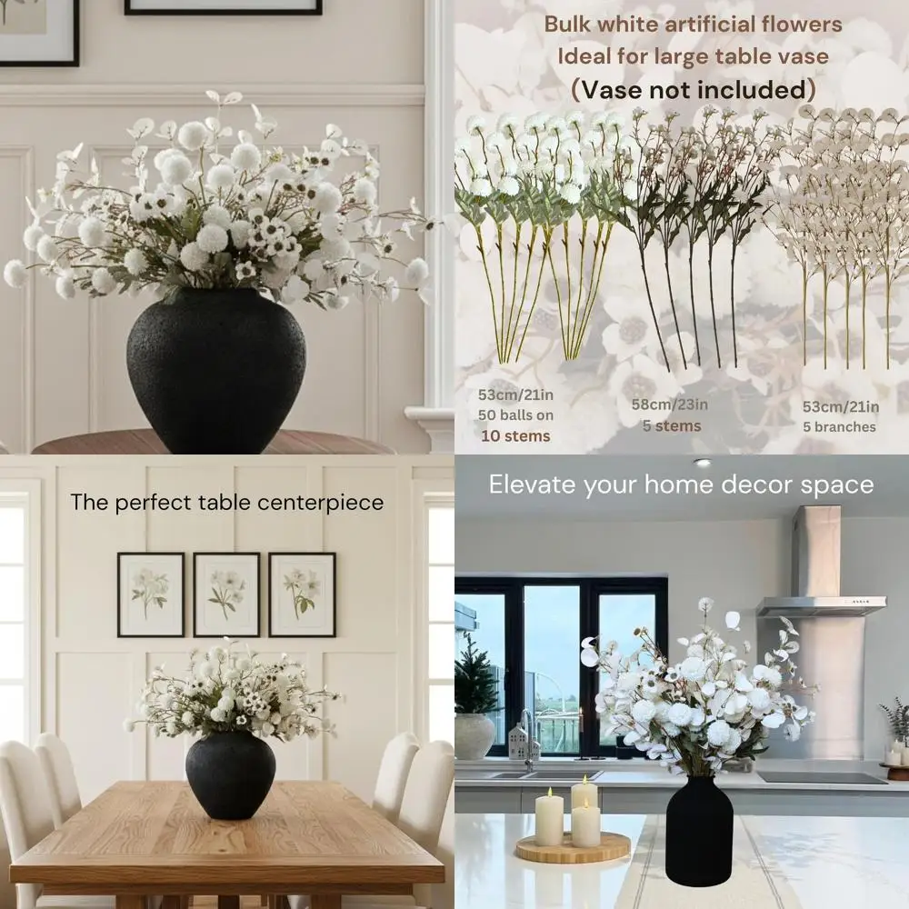 

Elegant White Artificial Flower Arrangement for Home Decor: Silk Kiku, Eucalyptus, and Wildflowers in Bulk or Vase
