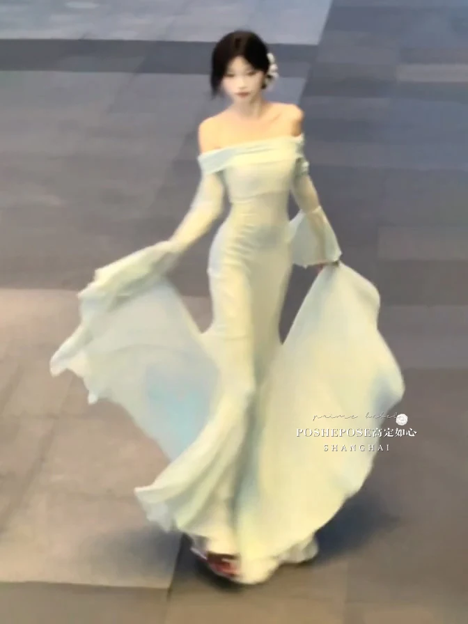 Original Gradient The Mermaid Princess Fishtail Dress Elegant Lady Mesh Long Dress Off Shoulder Slash Neck Women Bodycon Dress