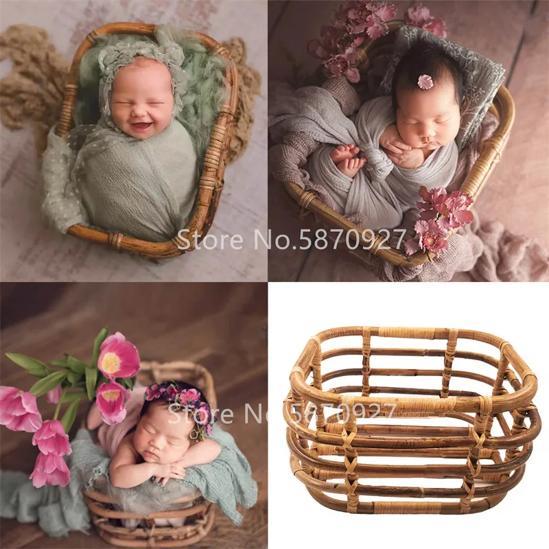 Newborn Photography Props Retro Rattan Basket Chair Infant Photo Recien Baby Girl Boy Posing Bed Background Photography Accessor