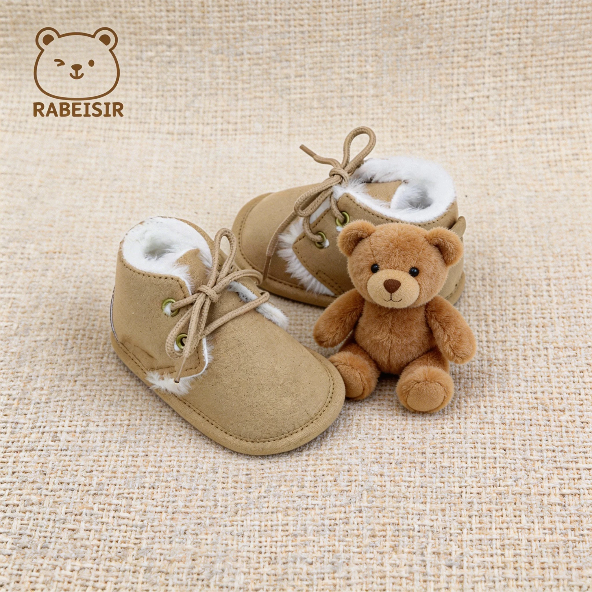 Baby Snow Boots Boy Girl Lace Up Fur Lined Winter Casual Soft Sole Lightweight Khaki Infant First Walkers 0-18M