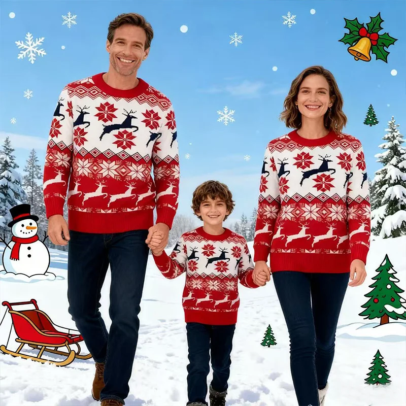 2026 Winter New Christmas Family Sweater Xmas Elk Print Warm Knitwear Adult Kids Long Sleeve Knit Pullover Streetwear Clothes