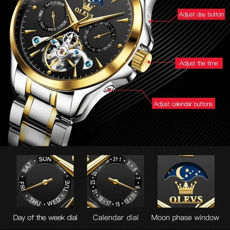 OLEVS 6663 Automatic Mechanical Watch for Man Moon phase Waterproof Flywheel Design Stainless steel Wristwatch Men Luxury Brand