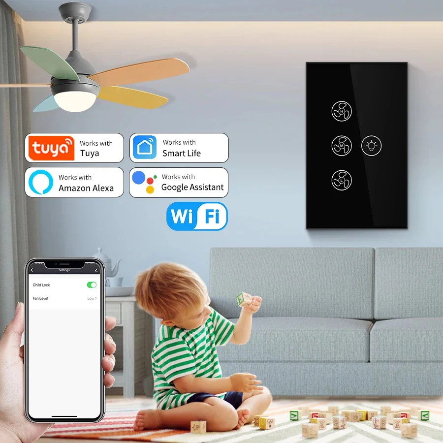 WiFi Tuya Ceiling Fan Light Smart Switch Touch Interruptor Alexa Echo Smart Life App/Voice Control Various Speed Regulation