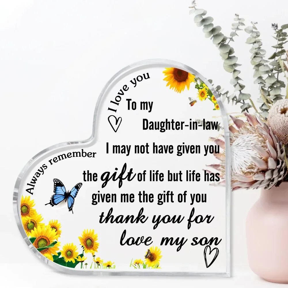 Daughter-in-law Appreciation Heart Shaped Acrylic Desk Plaque Home Decor,Heart Acrylic Plaque To My Daughter-in-law Sunflower Butterfly Desktop Gift