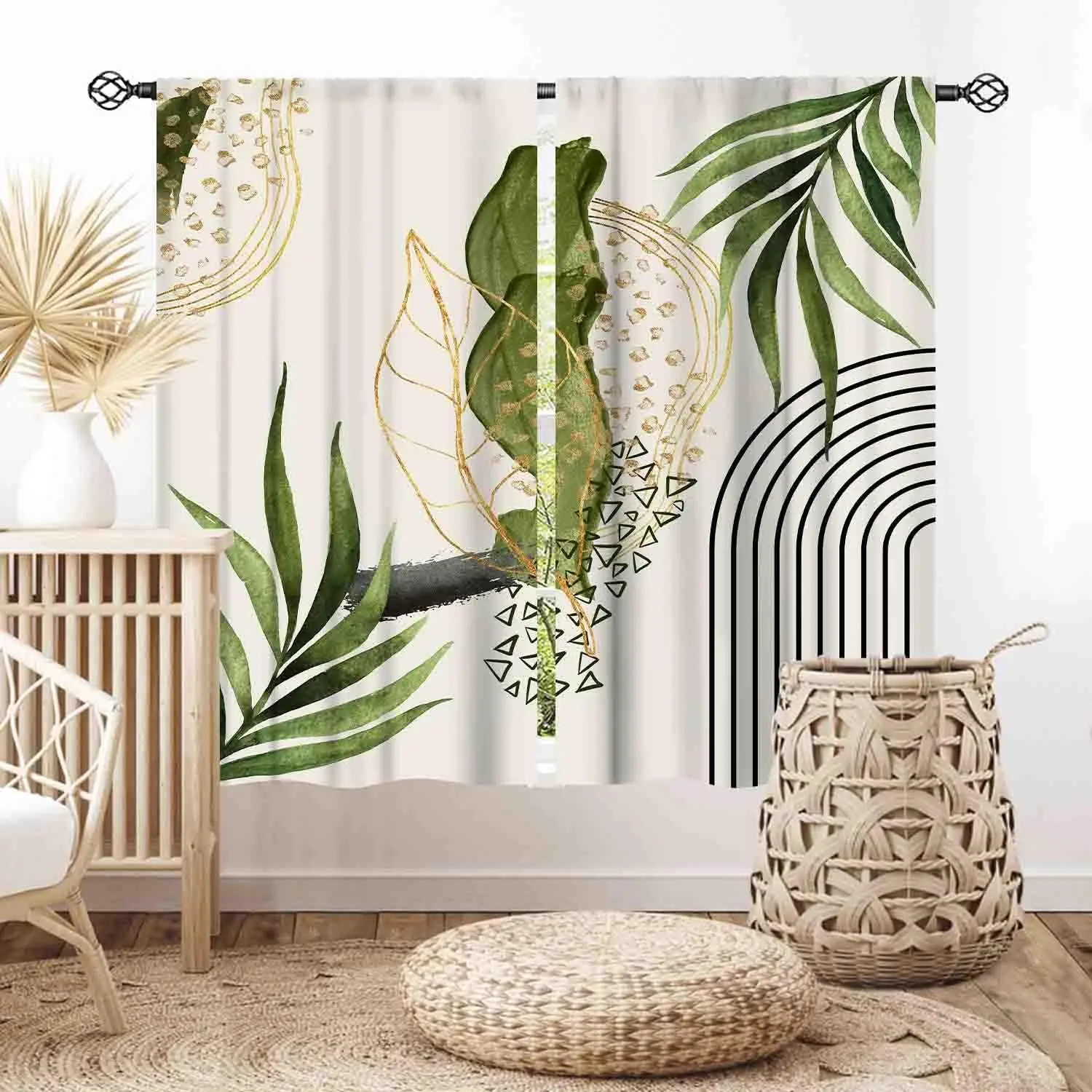 Mid Century Tropical Curtains, Minimalist Palm Leaf 2 Panels for Home Decor