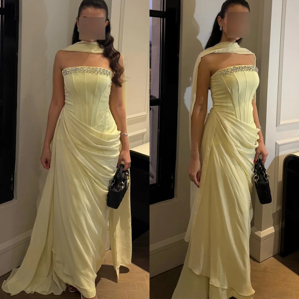 

Customized Elegant Yellow Chiffon Evening Dress Classic Strapless Sleeveless Celebrity Gowns Fashion Special Occasion Gowns
