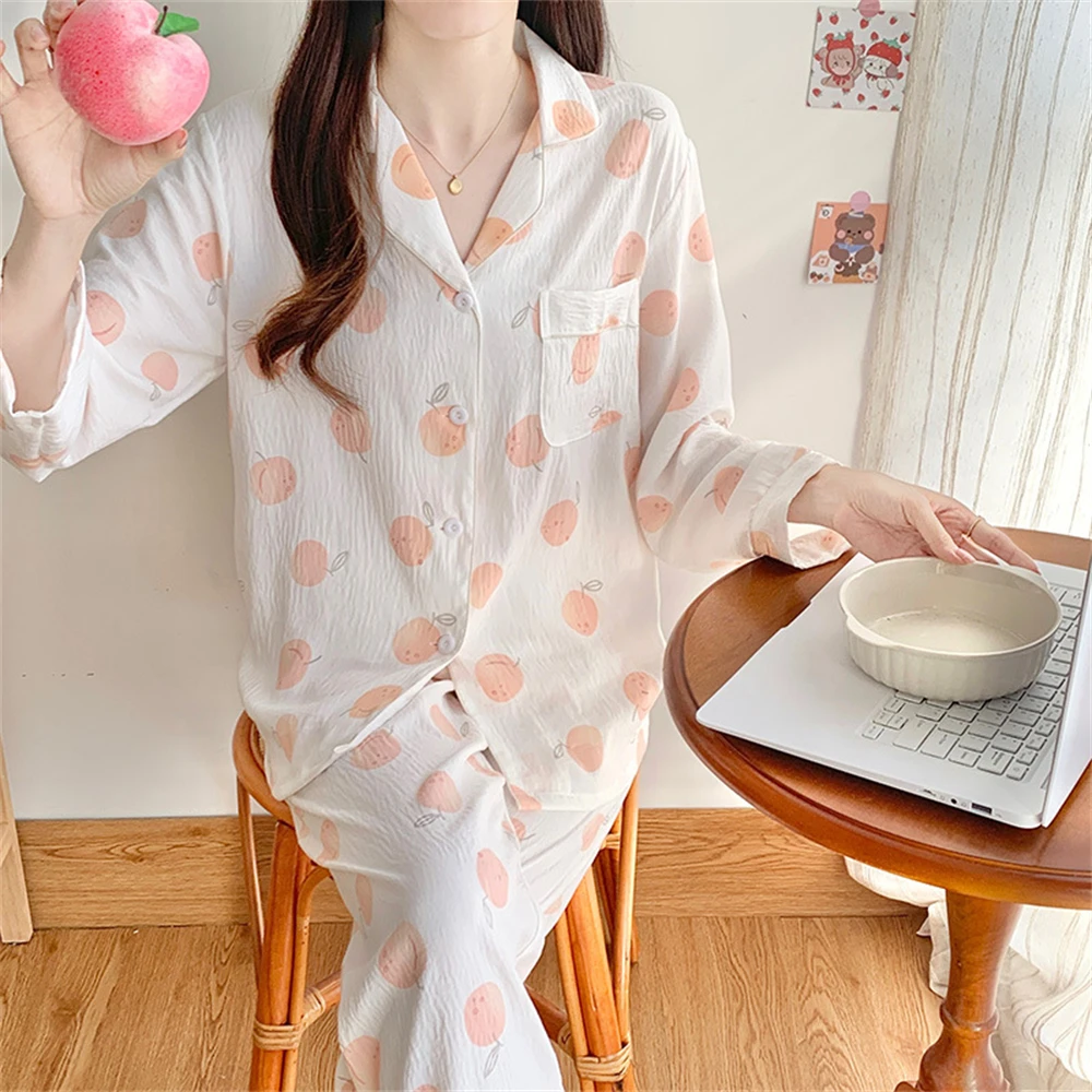 Women's Homewear Set Long Cardigan Sleeves Pants Sleepwear Suit Spring Autumn Sweet Ladies Printed Pajamas 2 Piece Nightwear