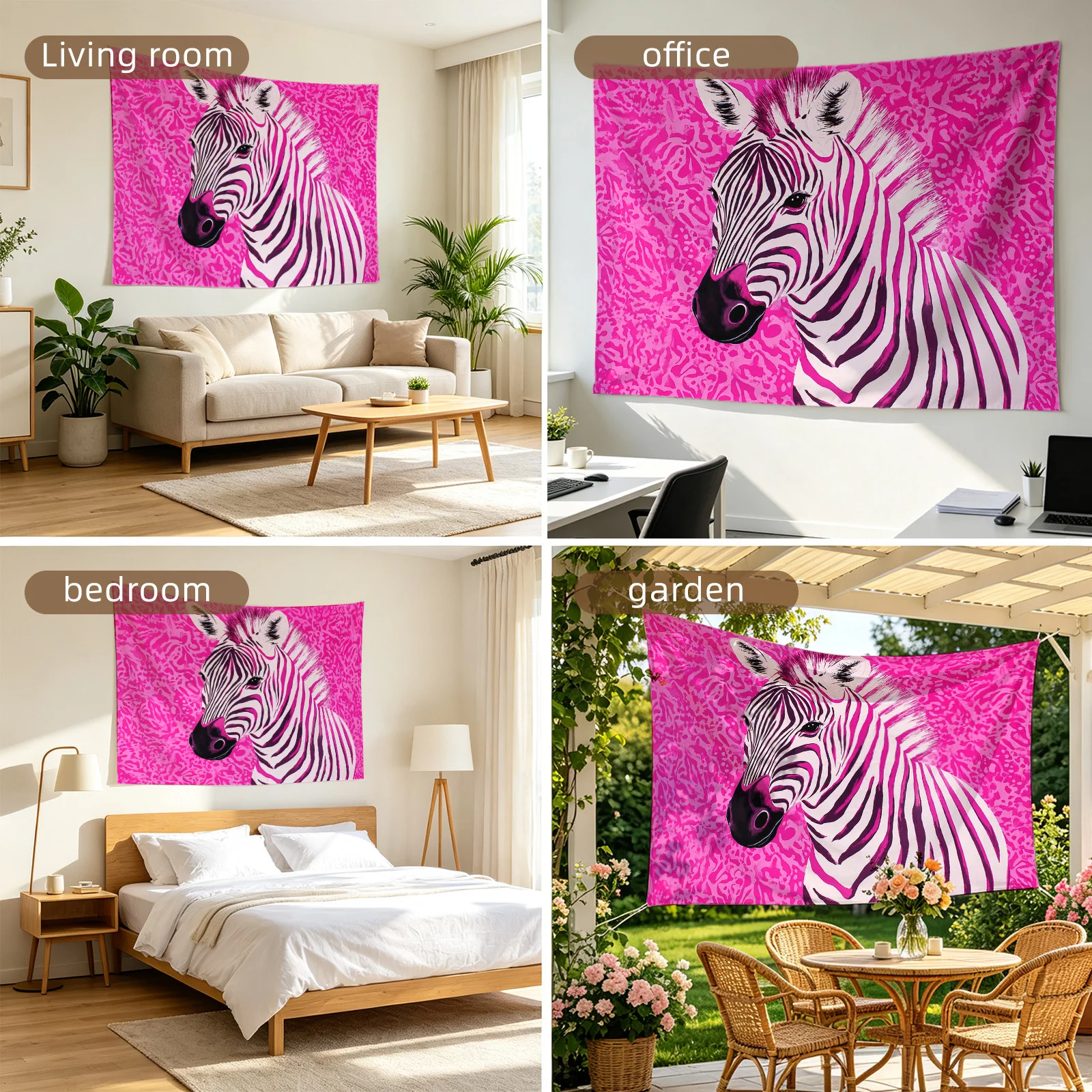 Boho Zebra Tapestry Wall Hanging Pink Background Animal Safari Art Decoration for Living Room Bedroom Office Jungle Prints Moder