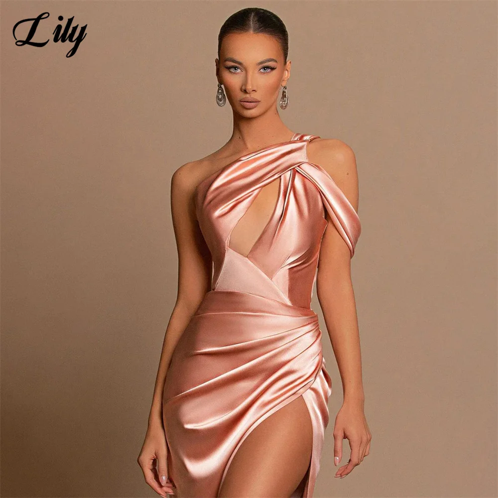 Lily Amazing-vestido de noche con corte de sirena, vestido Formal de satén con un hombro, largo hasta el suelo, con abertura, color rosa polvoriento