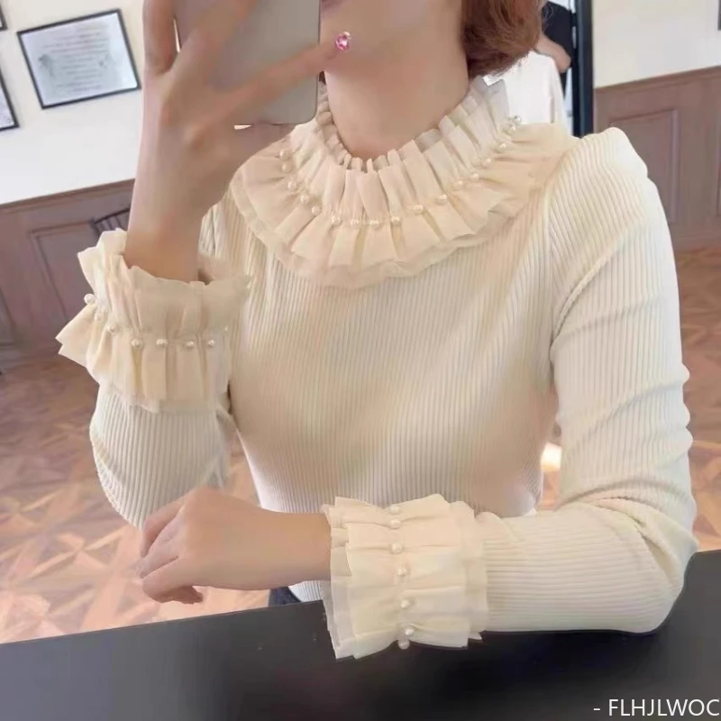 Turtleneck Tops 2024 Spring Basic Wear Jumper Pullovers Slim Patchwork Flare Sleeve Beaded Ruffles Knitting Sweaters