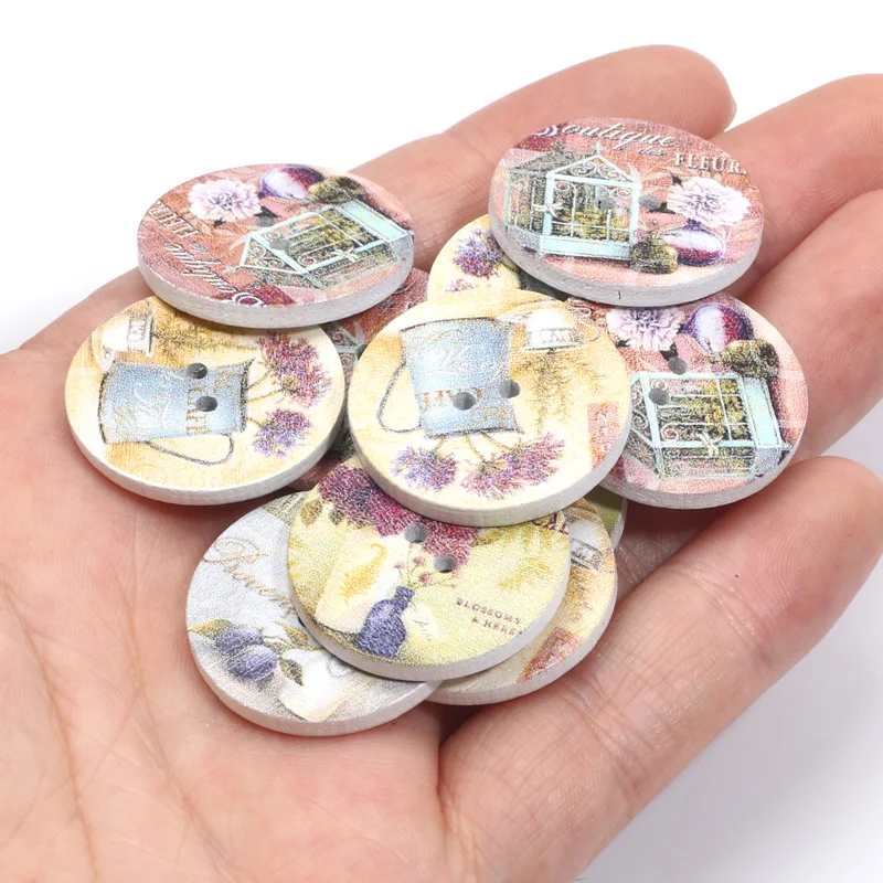 20pcs 20/25mm Oil Painting Pattern Wooden Buttons For Clothes Decorative Crafts Supplies Diy Needlework Sewing Accessories