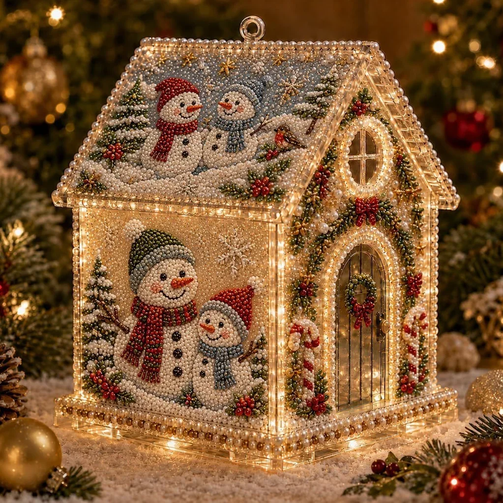 Adult DIY 3D Christmas House Diamond Art Kit, Wooden Pearl Hanging Ornament, Xmas Tree Decor Craft Set
