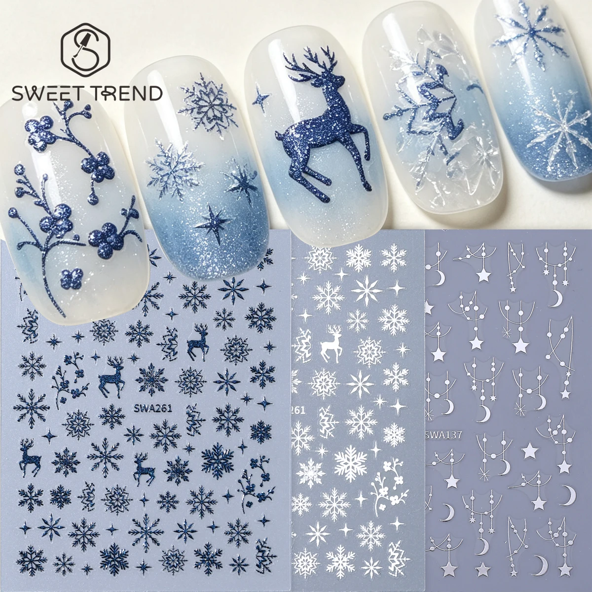 3pcs Shimmer Winter Element Nail Stickers Sparkly Elk Snowflakes Plum Blossom Branches Adhesive Sliders Christmas Manicure Tips