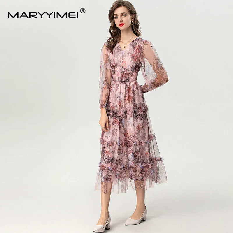 Mary yimei-vestido de baile con cuello en V para mujer, manga de linterna, empalme de malla, borde de hongos de árbol comestible, vestidos de fiesta de vacaciones, otoño