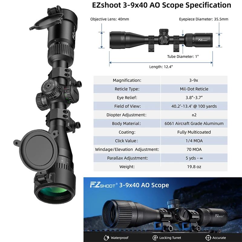 

EZshoot 3-9x40 AO Rifle Scope with Red Green Illuminated Reticle 1" Tube Long Range Scope with 20mm Scope Rings SFP Riflescope