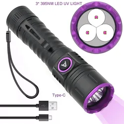 Torcia a luce nera UV-luce USB ricaricabile di tipo c, potente Mini torcia a luce nera a LED UV, rilevatore