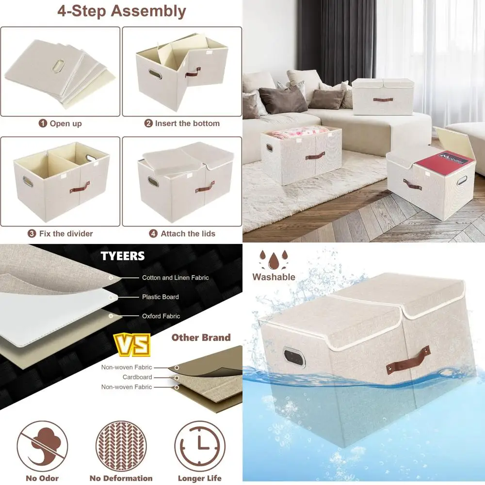 

Складные тканевые контейнеры для хранения из трех предметов с крышками и отделениями, моющиеся, 21,7x13x11,8 дюйма, бежевый