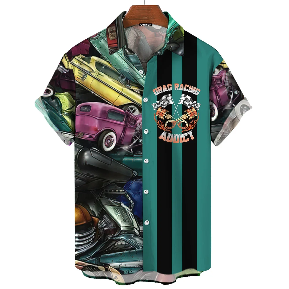 Striped Men\'s Shirt Retro Car Print Short Sleeve Street Fashion Man Clothing Oversized Lapel Shirt For Men 2024 Hawaiian Shirts