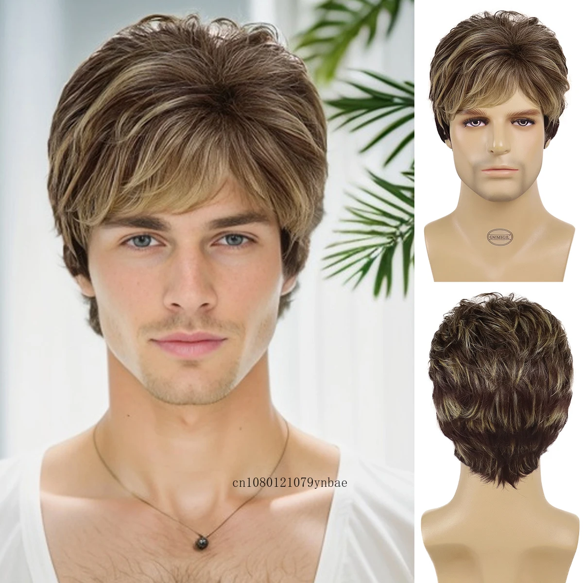 

Synthetic Men Wig with Bangs Handsome Male Brown Mix Blonde Layered Short Straight Wigs Daily Heat Resistant Halloween Party