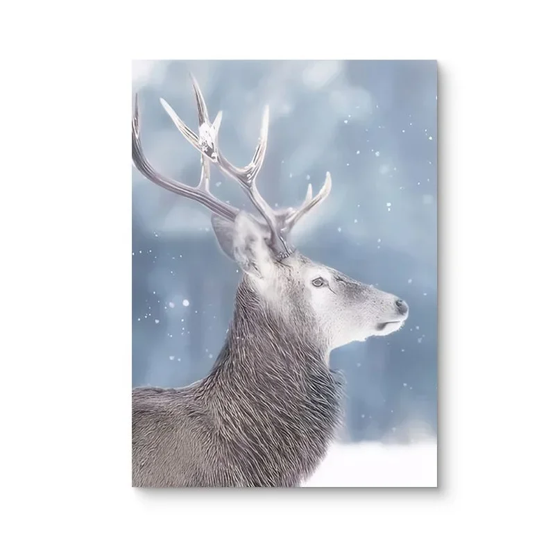 Modern winter natural snow scene Nordic elk train forest living room bedroom decoration hanging painting core poster