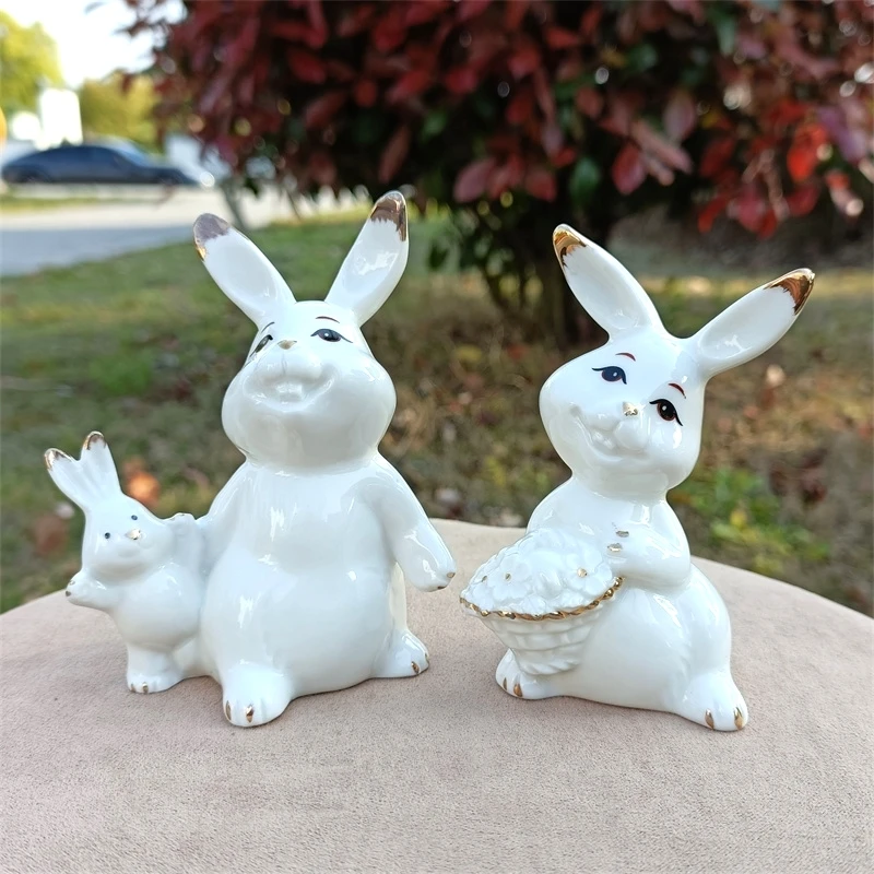 Weekend Family Rabbit Figurine Porcelain Bunny Household Miniature Parents Ornament Baby Decor Wedding Anniversary Gift Craft