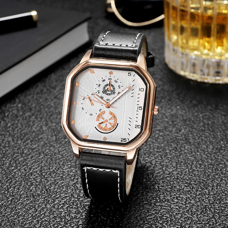 Luxury Alloy Men Quartz Watches Leather Strap Big Dial Student Square Sports Watch Cool Black Men\'s Watch Waterproof Wristwatch