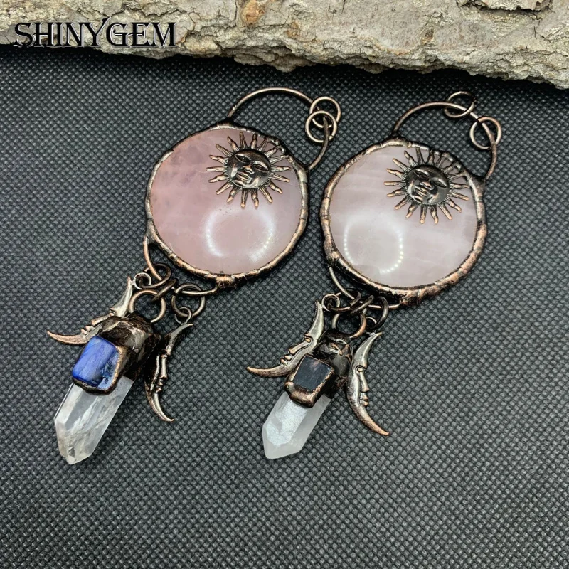 

SHINYGEM Rose Quartz Large Round Sun God Style Personality Fashion Elegant Bronze Sweater Chain Jewelry Pendant Necklace Gift