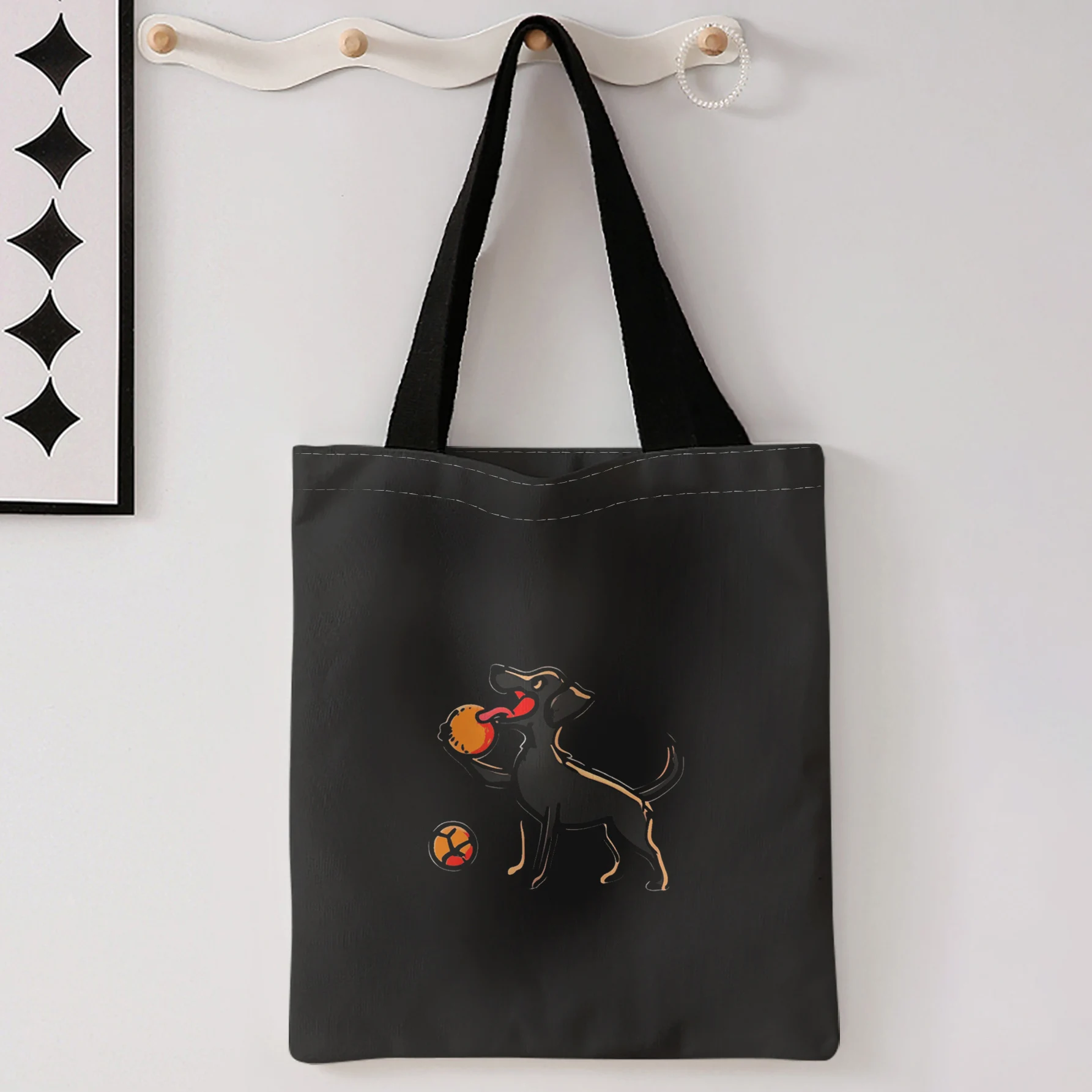 Line Art Puppy Playing With Ball Print Tote Bag Large Capacity Shoulder Bag For Shopping Travel Daily Use
