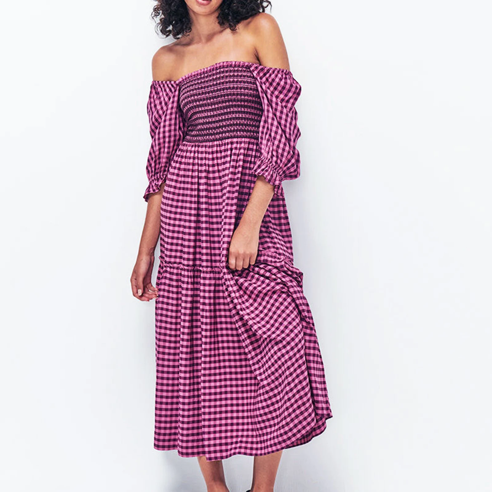 

Women’s Casual Tiered Dress Puff Sleeve Square Neck Plaid Print A-Line Dress Long Flowy Dress