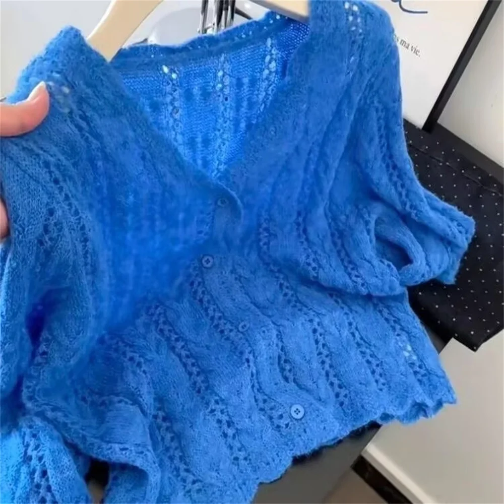 

Fashion New Blue Hollow Out Knitted V-neck Open Cardigan Women's Loose Spring 2026 Simple Long Sleeve Top Cropped Cardigan Coat