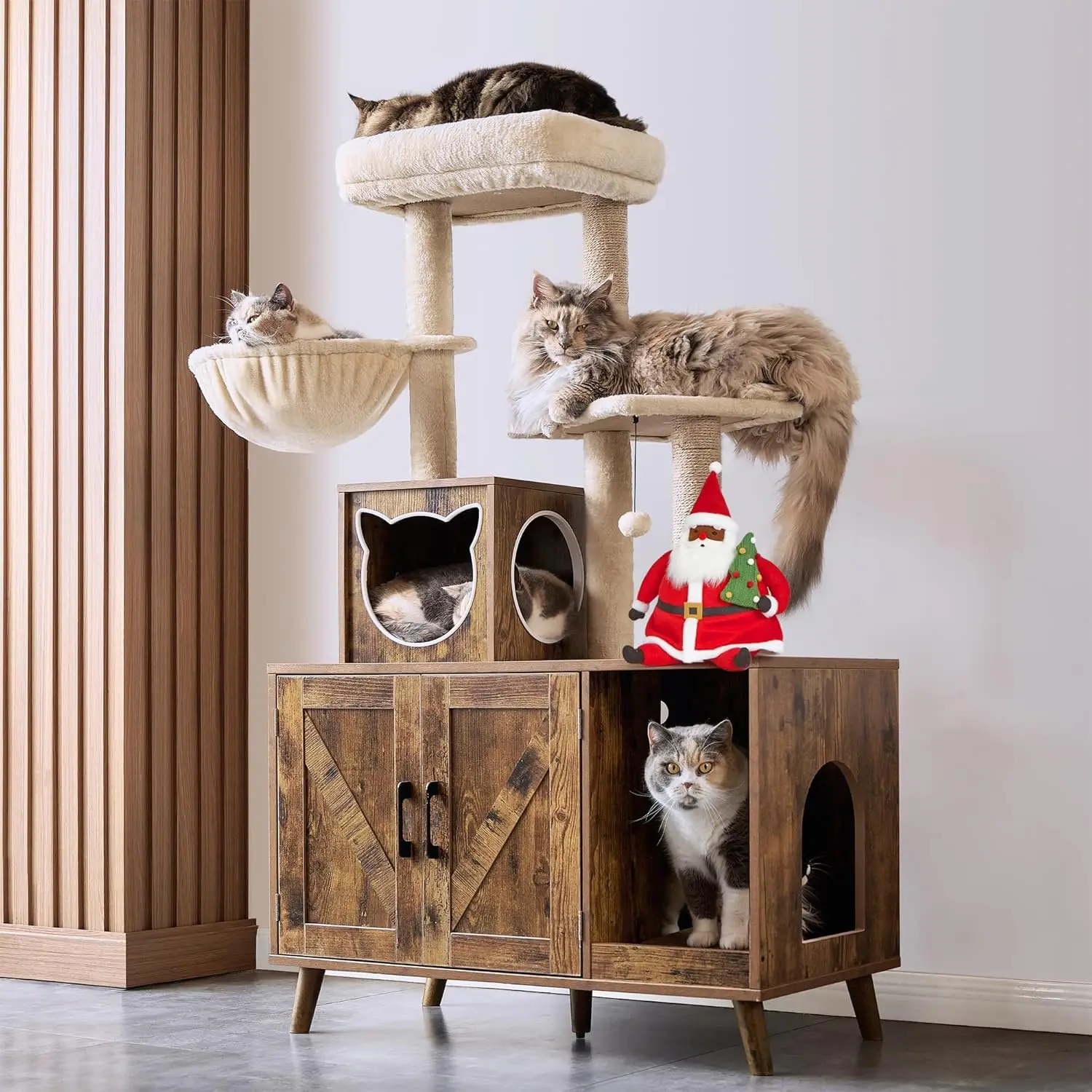 

Cat Tree with Litter Box Enclosure, Modern Cat Tower for Indoor Large Cats with Large Platform, Wood Cat Condo