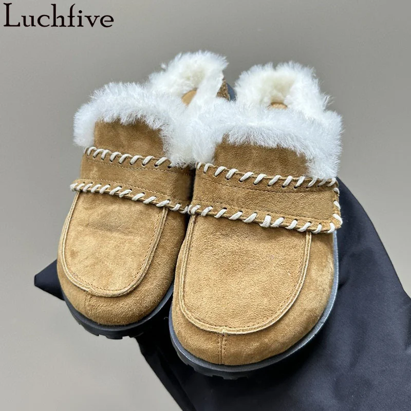 

2024 New Round Wrap Toe Fur Flat Slippers Women Luxury Punk Designer Brand Mules Slippers Outdoor Street Trend Slippers Woman