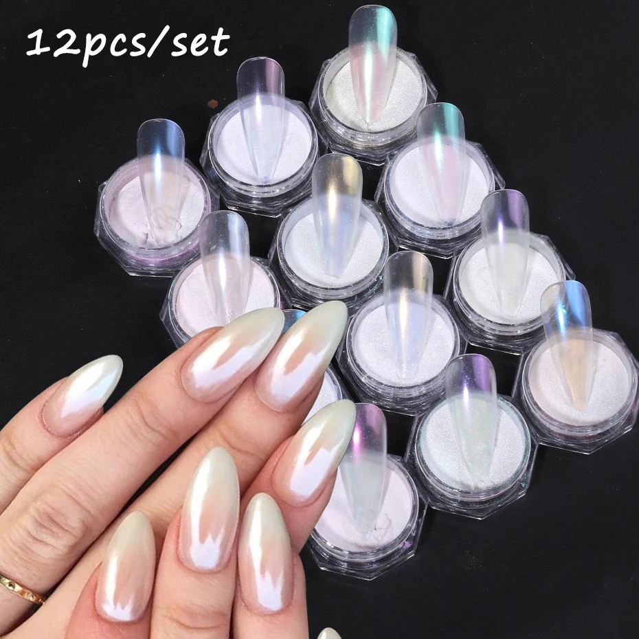 12pcs/set Shimmer Aurora Nail Mirror Powder Pearl White Aurora Chrome Powder DIY Pigment Rubbing Dust Holo Manicure Decoration