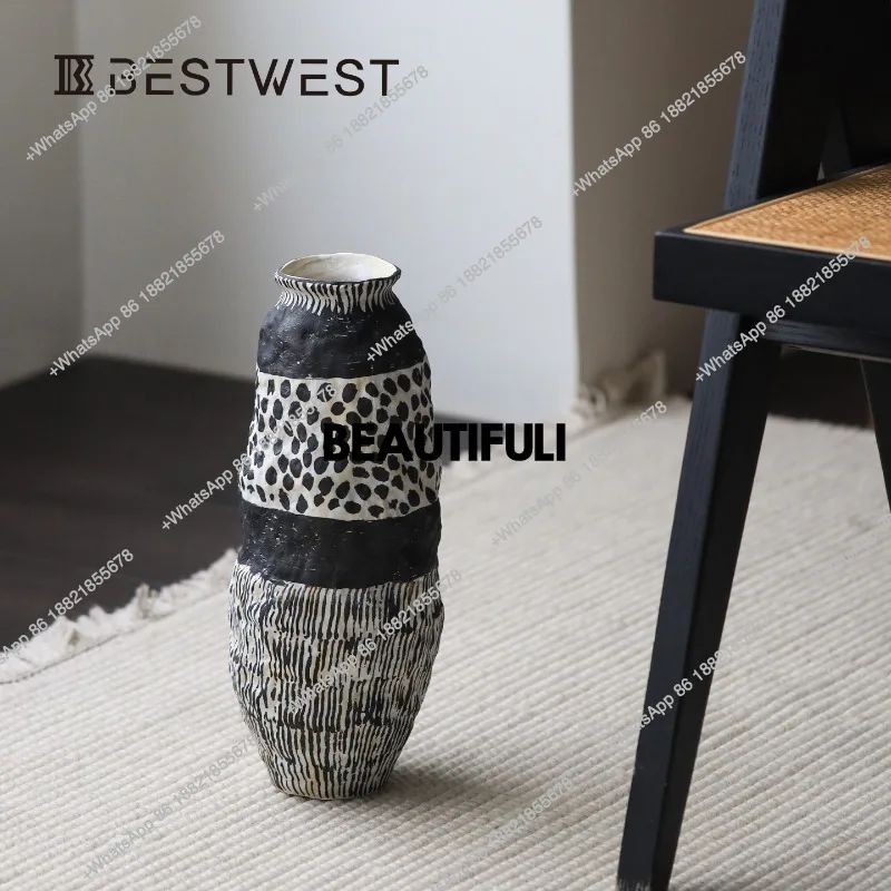 Wabi Sand Wind Ceramic Vase Ornament Jingdezhen Chinese Pottery Pot Light Luxury Living Room Art Flower Arrangement Decoration